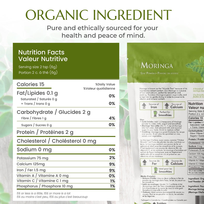 Ecoideas Org. Moringa Powder, 8 OZ Bag - Certified Organic, Kosher, Vegan, Gluten-free, Non-GMO, and RAW CRU 227 Gram