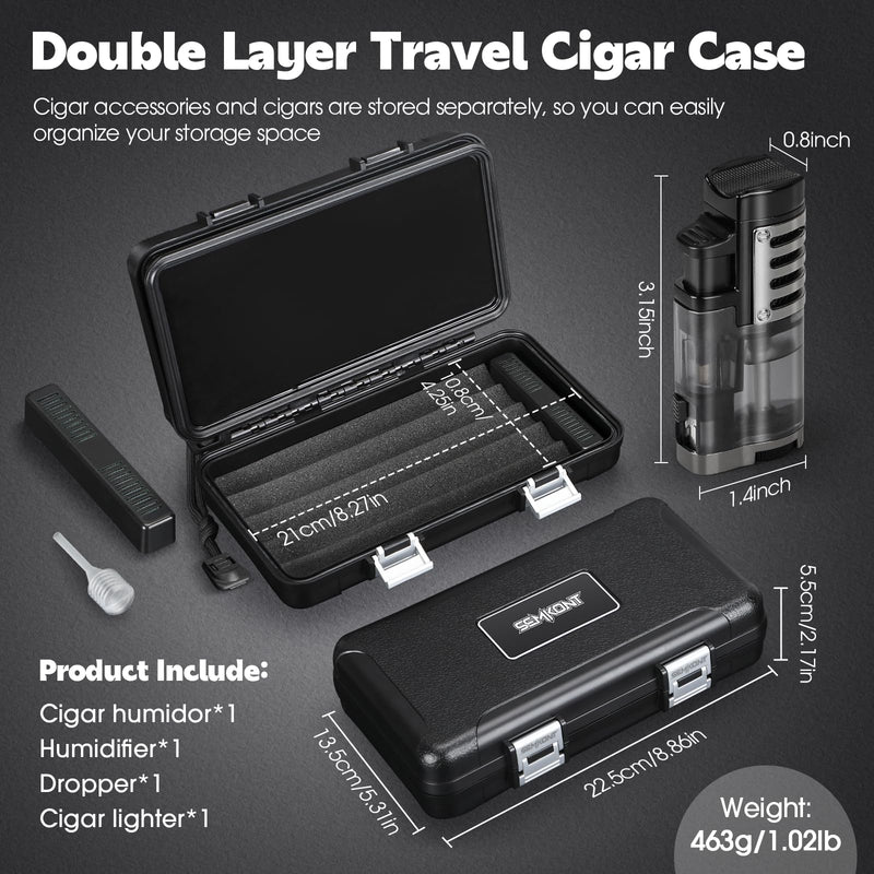 [Australia] - Cigar Humidor, Portable Travel Cigar Box, Double Cigar Humidor with Separate Storage for Cigar Accessories, Cigar Travel Case with Cigar Lighter(No Butane), Holds 5 Cigars (Black) Black 