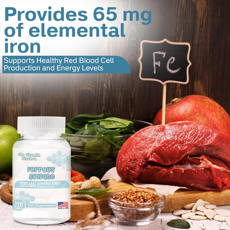 [Australia] - Ferrous Sulfate 325 mg (65 mg Elemental Iron) High Potency Iron Supplement - High Potency Iron Pills for Red Blood Cells - No Artificial Color Additives - 220 Tablets Made in USA 