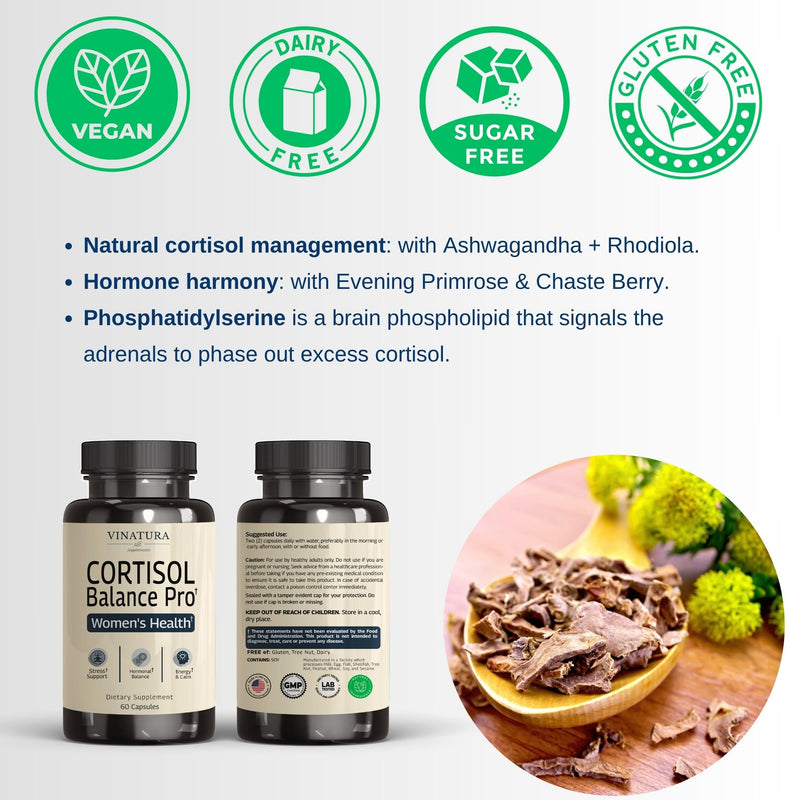 [Australia] - VINATURA Cortisol Supplements for Women - Cortisol Detox and Management - Adrenal Support, Stress Support, 60 Vegan Capsules 