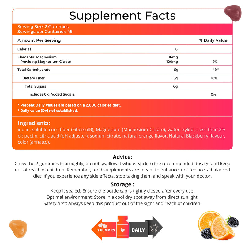 Inulin Fibre Gummies - (90 per Bottle - 45 Day Supply) 5,000mg Inulin 100mg Magnesium Citrate Per Serving - Fiber Gummies - Fibre Supplement - Fiber Supplement - Gut Health