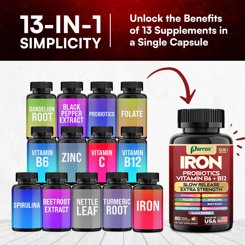 Iron Supplement, Slow Release with Probiotics, Spirulina, 60 Vegan Caps | With Probiotics, Spirulina, Turmeric, Vitamins B6, B12, C, Zinc, Folate, Beetroot, Nettle, Dandelion Root 60 Count (Pack of 1)