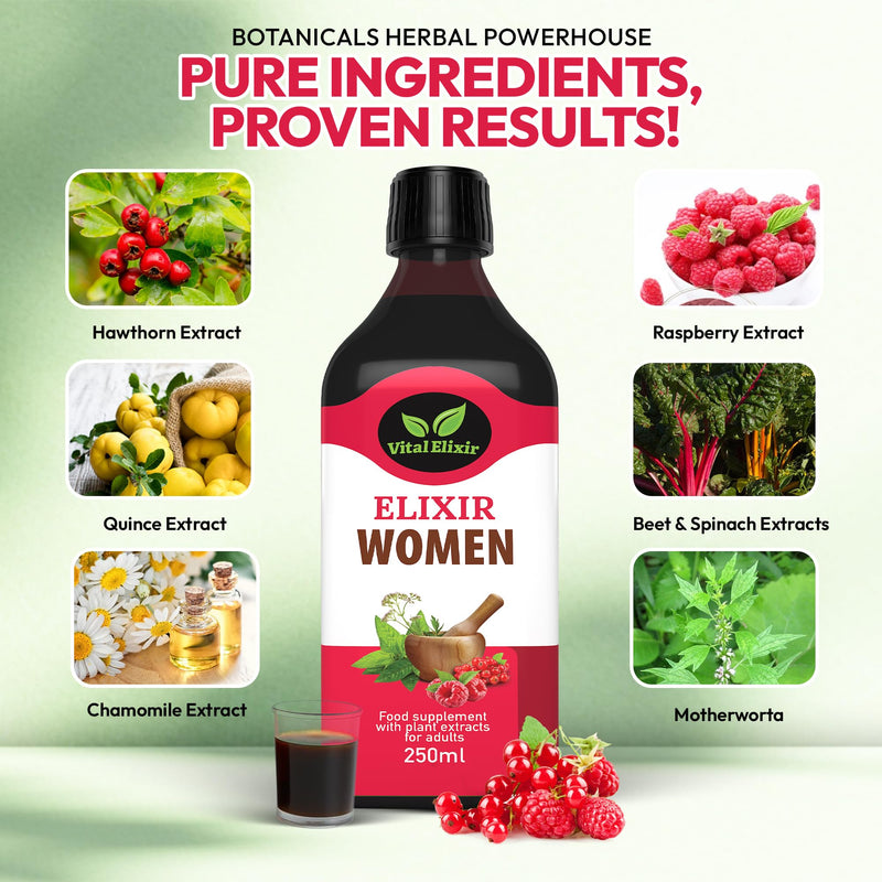 Elixir Women – Herbal Food Liquid Supplement with Hawthorn, Chamomile & Cranberry – 250ml – Vegan, Gluten-Free, Natural Antioxidant Support