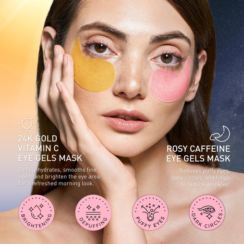 Under Eye Patches Kit: 120 Pcs Rosy Caffeine & 24K Gold Gel Eye Mask for Dark Circles, Puffiness and Wrinkles - Anti-Aging Pads with Niacinamide, Collagen, Hyaluronic Acid & Vitamin C (2 Pack) Pink & Golden