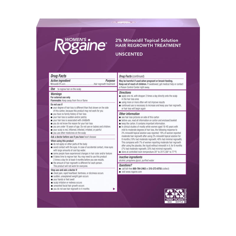 Women's Rogaine 2% Minoxidil Topical Solution, 3 Month Supply | Topical Hair Regrowth Treatment, Unscented Minoxidil Liquid, 3 x 2 fl oz Bottles 4 Piece set