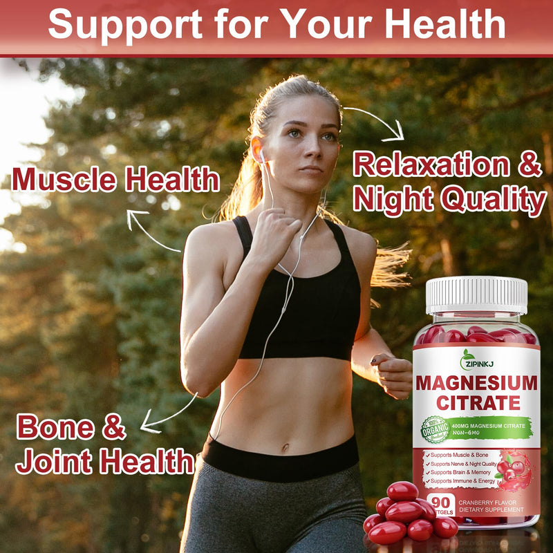 Magnesium Citrate Supplements 400mg for Women & Men, 90 Count | Magnesium Citrate with Vitamin D3, B6 and Cranberry Extract High Absorption for Night Quality, Muscle & Bone, 45 Servings 90 Count (Pack of 1)