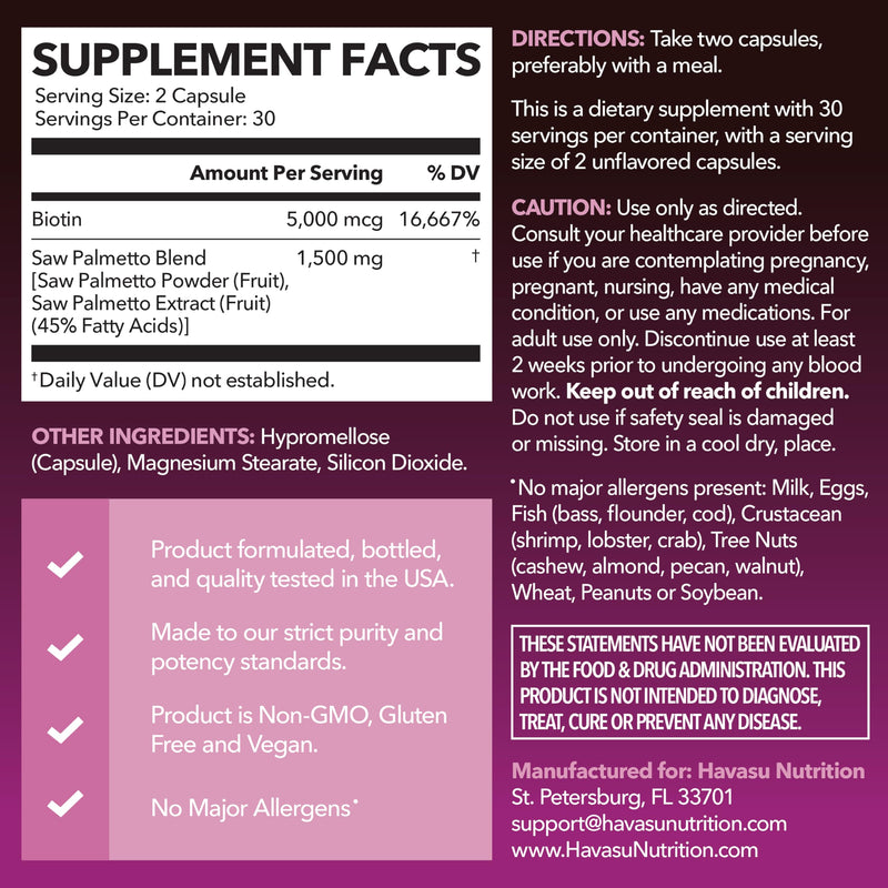 Saw Palmetto for Women with Bitoin 5000mcg Per Serving, 30-Day Supply | Vegan, Non-GMO DHT Blocker for Women for Hair, Skin and Nails, Saw Palmetto Extract with Biotin for Thicker Looking Hair 60 Count (Pack of 1)