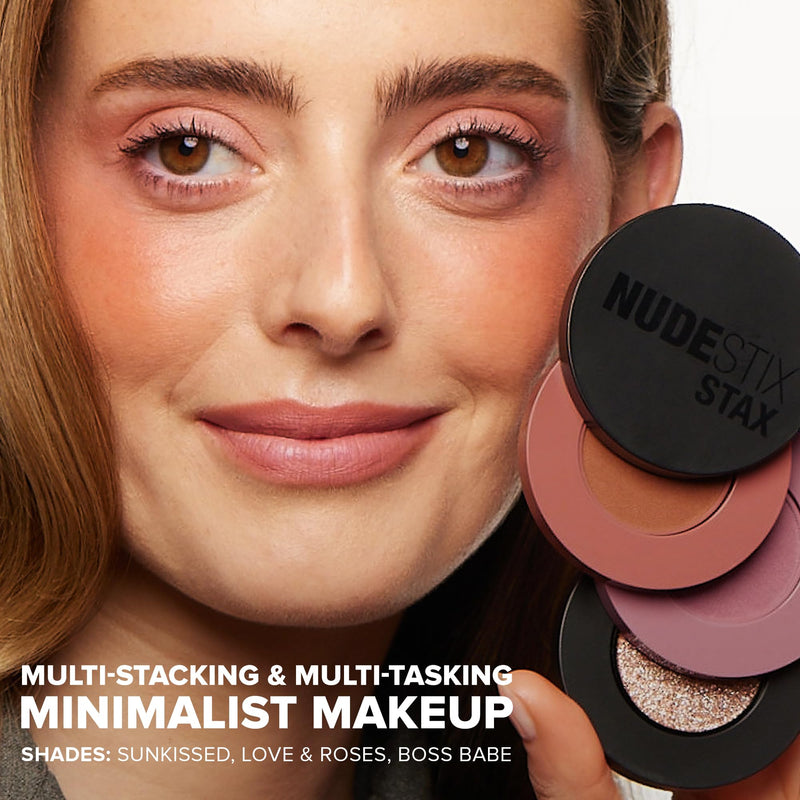 [Australia] - Nudestix Sunkissed Glow STAX Set – 3-Piece Cream Blush & Highlighter Makeup Sticks for Cheeks, Lips & Eyes | Includes Sunkissed, Love & Roses, BossBabe | Stackable, Multi-Use, Vegan Face Kit 
