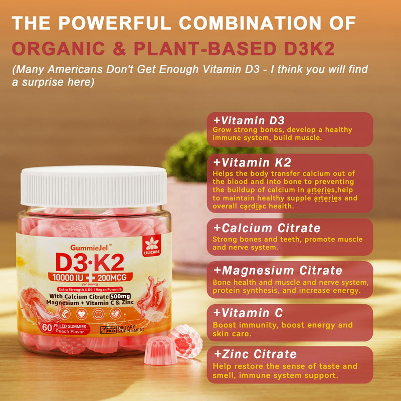 [Australia] - Vitamin D3 K2 Gummies 5000IU / 10,000 IU with 500mg Calcium + K2(MK-7) 200mcg, Magnesium, Vitamin C & Zinc, Extra Strength - Ultimate Absorbency for Bones, Muscles, Teeth, Vegan, 60 Count (Pack of 1) 60 Count (Pack of 1) 