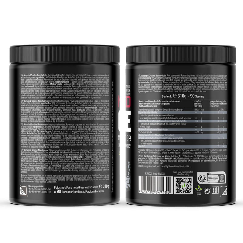 Weider Micronized Creatine Monohydrate Powder (310g) UnFlavoured, 99% Creatine Monohydrate 200 Mesh Ultrafine with AstraGin, No Sugar, No Fat, Vegan, Increases Physical Performance (90 Servings)