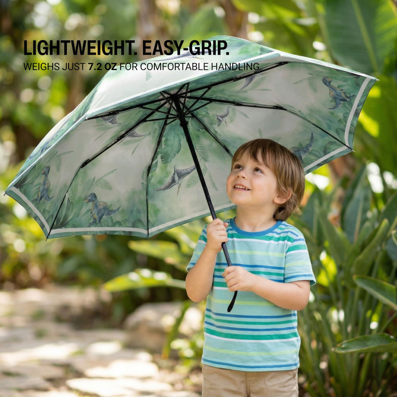 Knirps Rookie Kids Umbrella w/Reflective Safety Tape for Boys Girls, Dino | 35.4in Canopy, Manual Open Close, Reflective Safety Stripe, Wind-Tunnel Tested to 50mph, Ultra Light 7.2oz