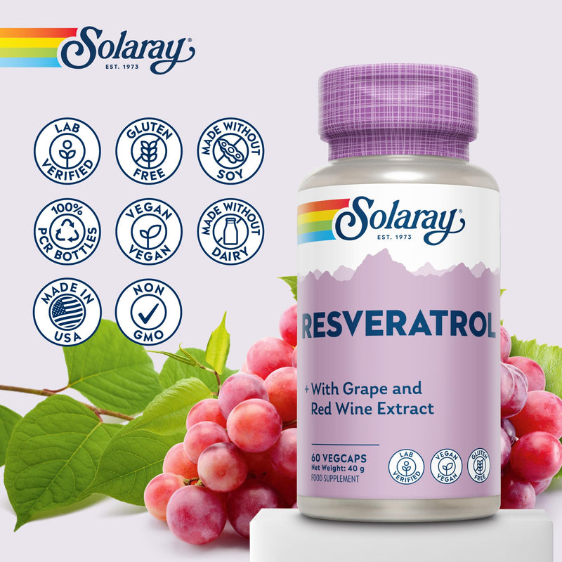 Solaray Resveratrol Complex - 60 Vegan Capsules - Polyphenol Rich Multi-Source Formula with Japanese Knotweed, Grape Seed & Red Wine Extracts - Lab Verified