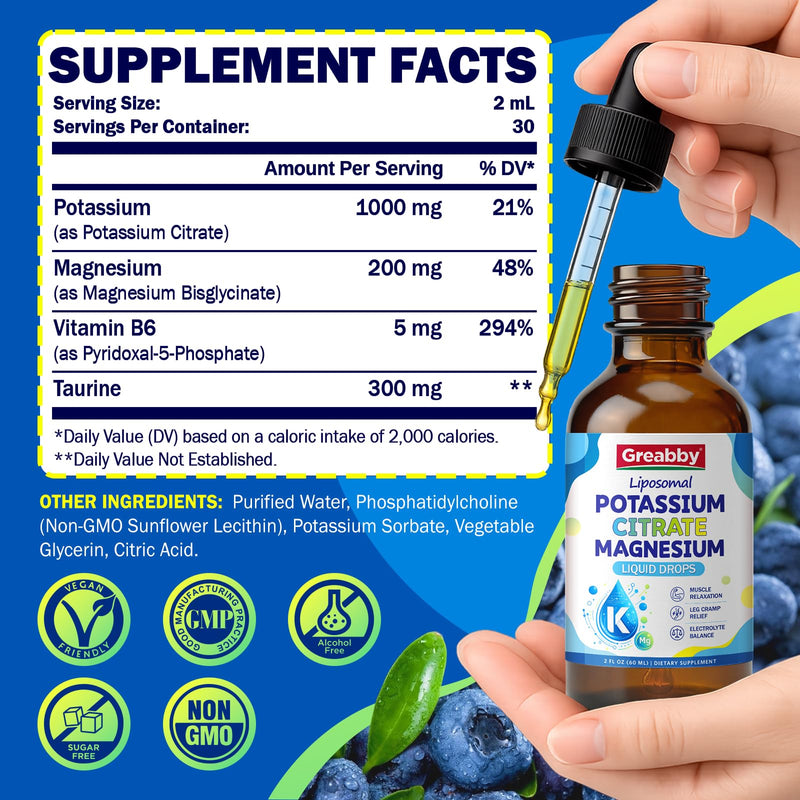 Liposomal Liquid Potassium Magnesium 1000mg Drops, 2 Fl Oz | Potassium Citrate Supplement with Magnesium Bisglycinate for Adults, Vitamin B6 & Taurine, Natural Blueberry Flavor