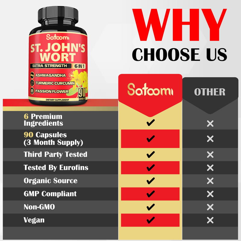 [Australia] - Satoomi St. John's Wort Capsules Extract Supplement 5050mg - 90 Veggie Caps 3-Month Supply - Ashwagandha Root, Turmeric Curcumin Root, Passion Flower & more 