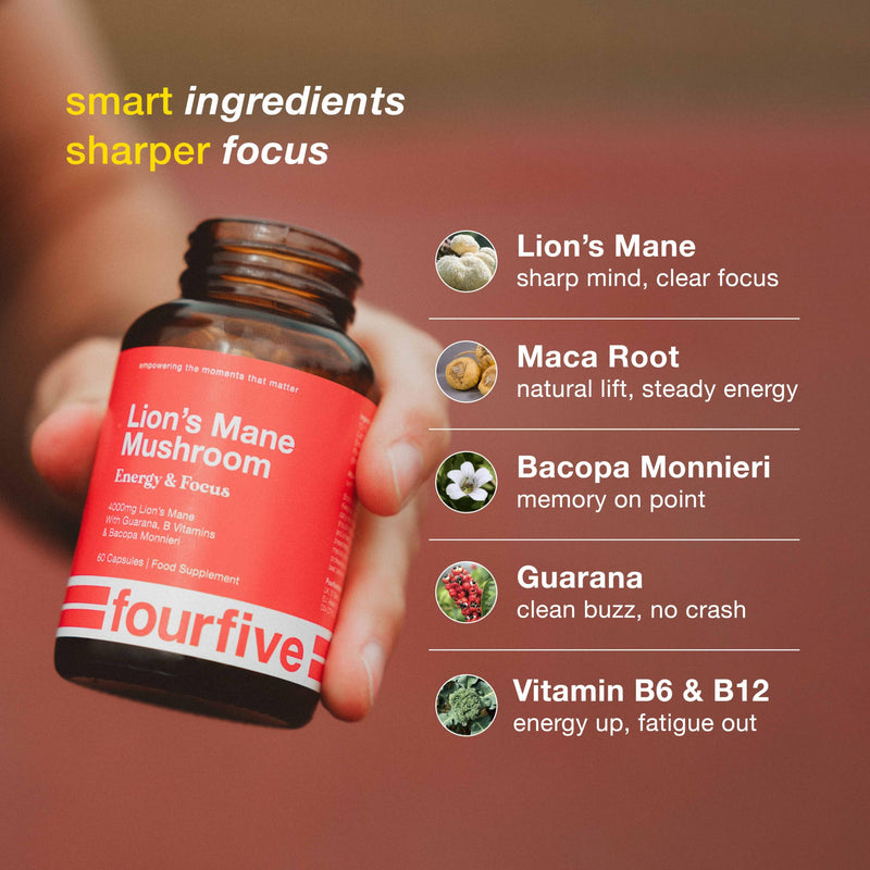 fourfive Lions Mane Mushroom Supplement (4000mg) Energy & Focus Blend, Support Brain Function, Focus & Energy - 60 Capsules 60 Capsules (Pack of 1)