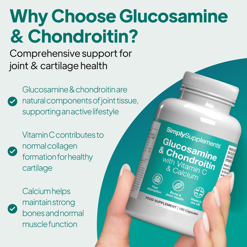Glucosamine Sulphate & Chondroitin Complex | With Vitamin C & Calcium for Bone & Muscle Support | Supports Joint Health & Cartilage Function | 360 Capsules = 3 Months’ Supply | GMP-Certified & UK-Made Unflavoured 180 count (Pack of 2)