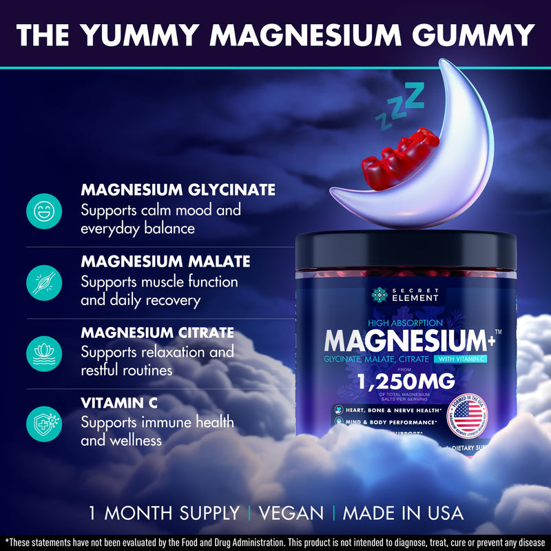 Secret Element Magnesium Glycinate 1250MG Gummies, High Absorption Magnesium Glycinate, Citrate & Malate, with Vitamin C, Sugar-Free, Vegan, Chews for Men & Women, 60 Gummies, Mixed Berry Flavor 60 Count (Pack of 1)