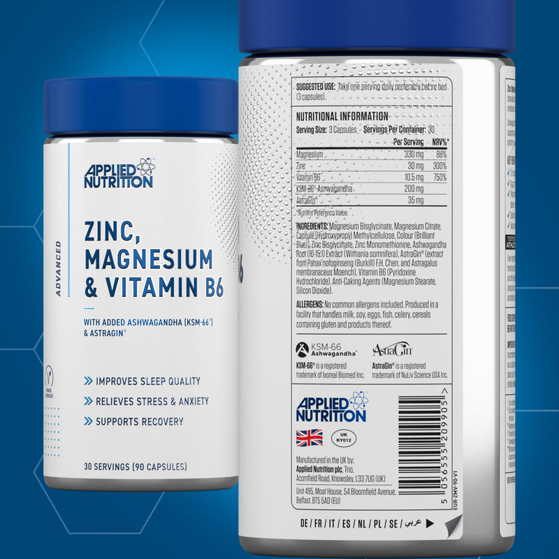 Applied Nutrition Zinc, Magnesium & Vitamin B6 with Ashwagandha Capsules - Natural Support for Hormonal Balance, Sleep Support & Stress Relief - 90 Capsules (30 Servings)