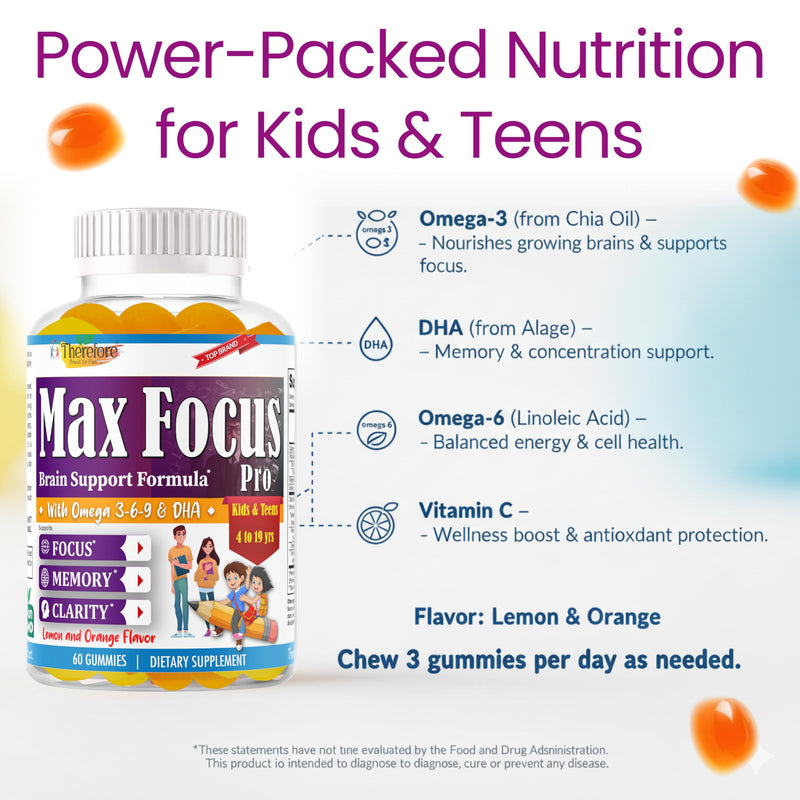 Max Focus Gummies for Kids & Teens with Omega 3 DHA – Brain Focus Supplement for Kids Memory, Attention, Concentration & Clarity Support – Delicious Orange Flavor – 60 Gummies
