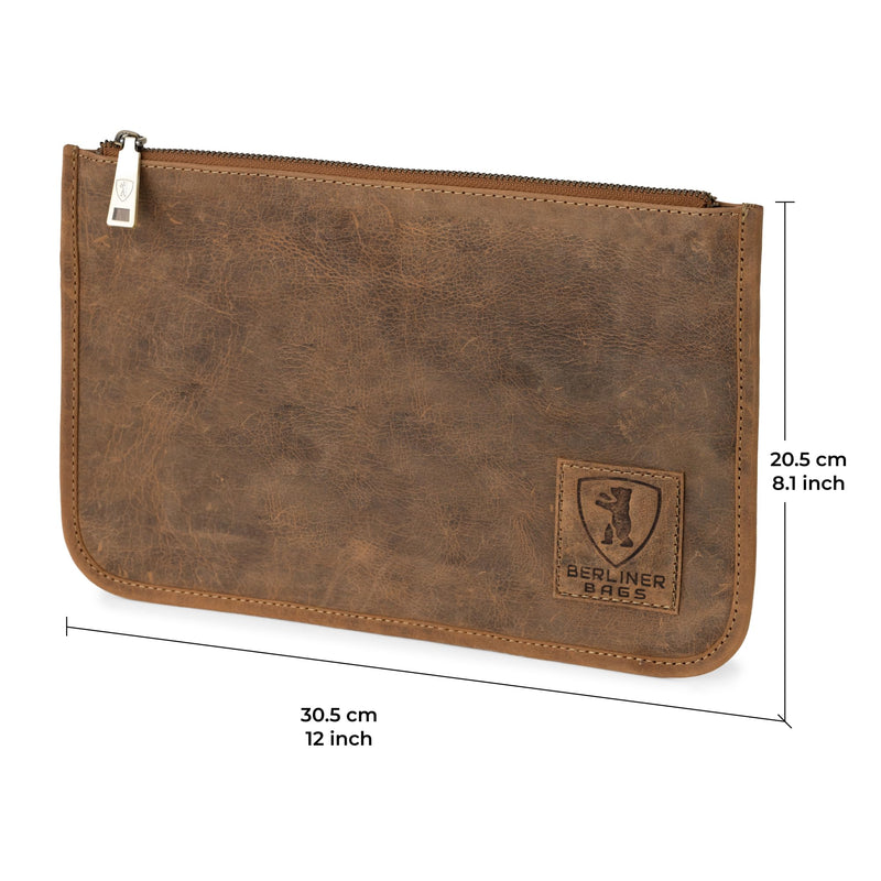 BERLINER BAGS Vintage Genuine Leather Padfolio For Men Theo XL - Brown | Leather Folder Portfolio, Compact Document Sleeve, Fits Slim Documents & Essentials Walnut XL