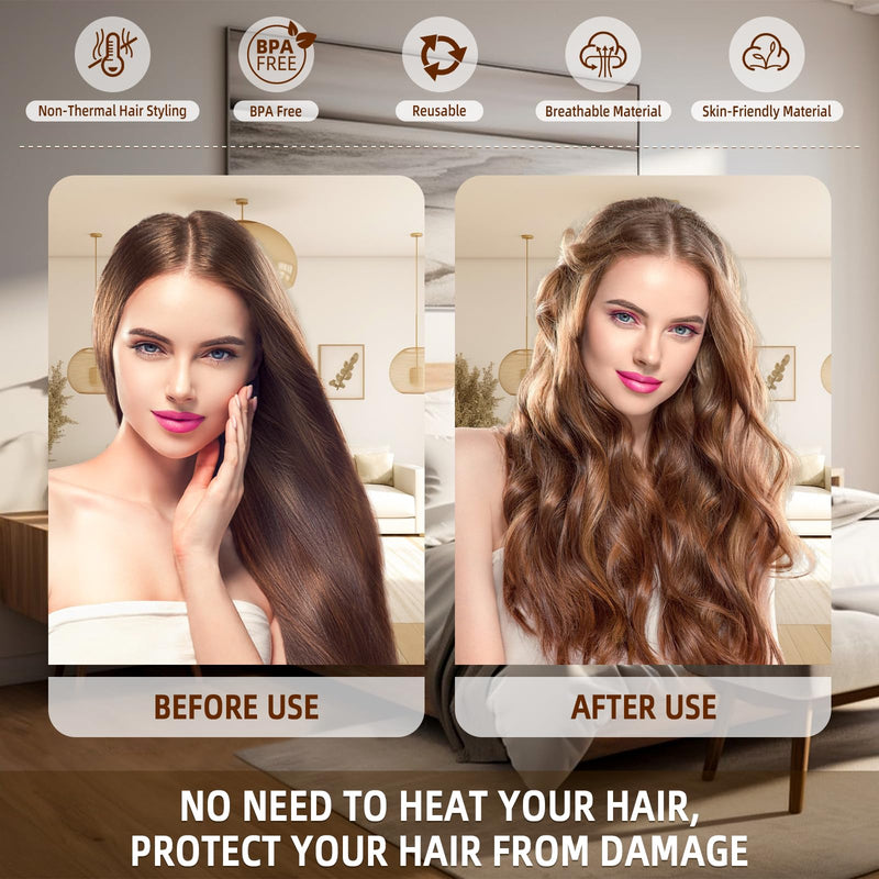 Heatless Curls Overnight Rods Jumbo Set, Heatless Hair Curler Velvet Satin Jumbo Flexi Rods to Sleep in, No Heat Overnight Sleeping Blowout Curls Wave Styling Tools with Silk Scarf 4pcs Khaki