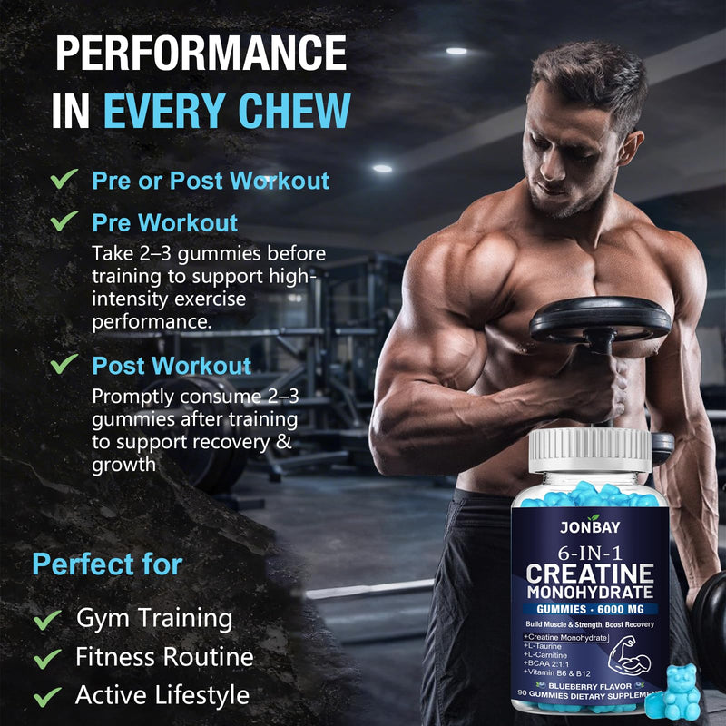 Creatine Gummies 6000mg, Creatine Monohydrate Powder & Tablets Alternative, Pre/Post Gym Workout Support for Muscle Strength & Recvovery, with BCAAs & L-Theanine, Creatine Monohydrate for Adults 90 count (Pack of 1)