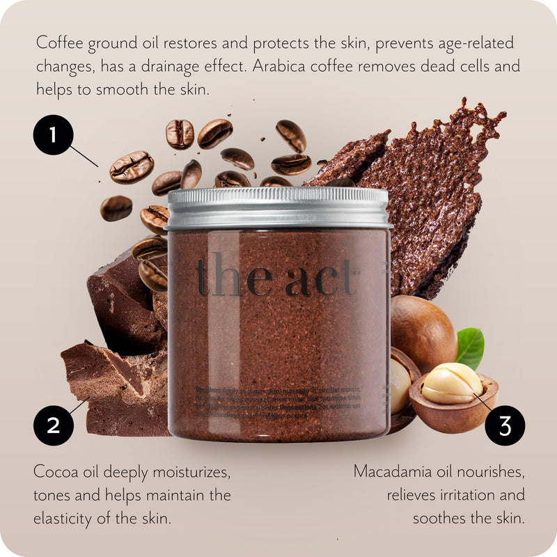 THE ACT Coffee Body Scrub with Salt & Cocoa – Exfoliating Scrub for Cellulite, Stretch Marks, Ingrown Hair – Organic Moisturizing Body Scrub with Vitamin E & Menthol – Gift for Women & Men, 10.58 Oz Cocoa & Coffee 10.58 Ounce (Pack of 1)