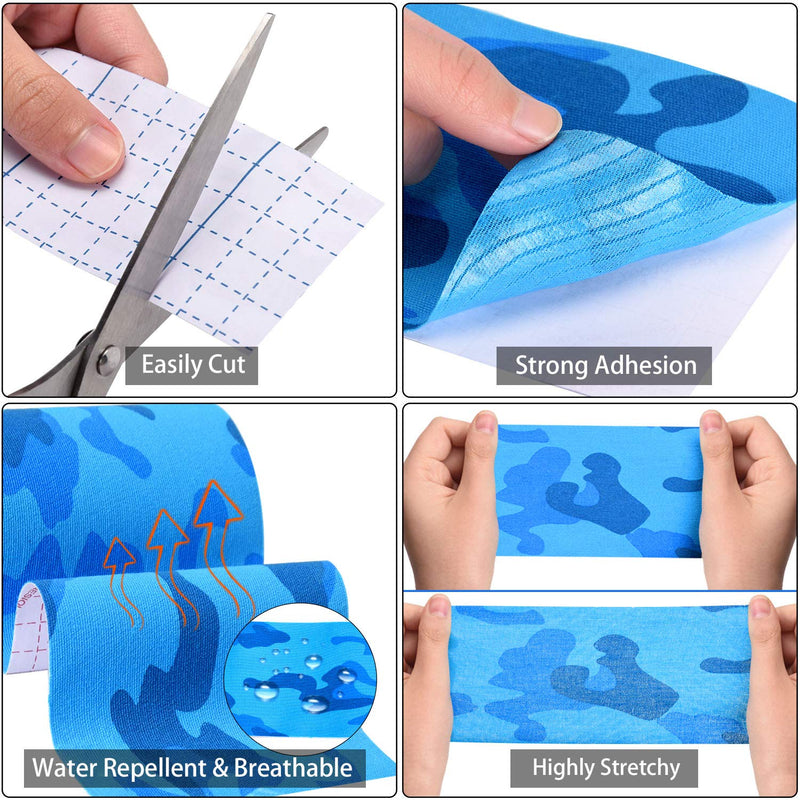 [Australia] - 3 Rolls Kinesiology Tape, Waterproof Elastic Kinesiology Athletic Tape Supports & Protects Muscles, Knees, Shoulders & Plantar Fasciitis, Latex Free Cotton Tape Hypoallergenic - Blue Camo 4in 5.5yd 