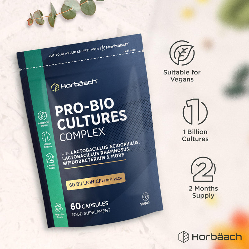Pro-Bio Cultures Complex 60 Billion CFU Per Pack | Advanced Multi-Strain Pro-Bio with Lactobacillus Acidophilus, Bifidobacterium | 60 Vegan Capsules | Supplement for Men & Women | by Horbaach
