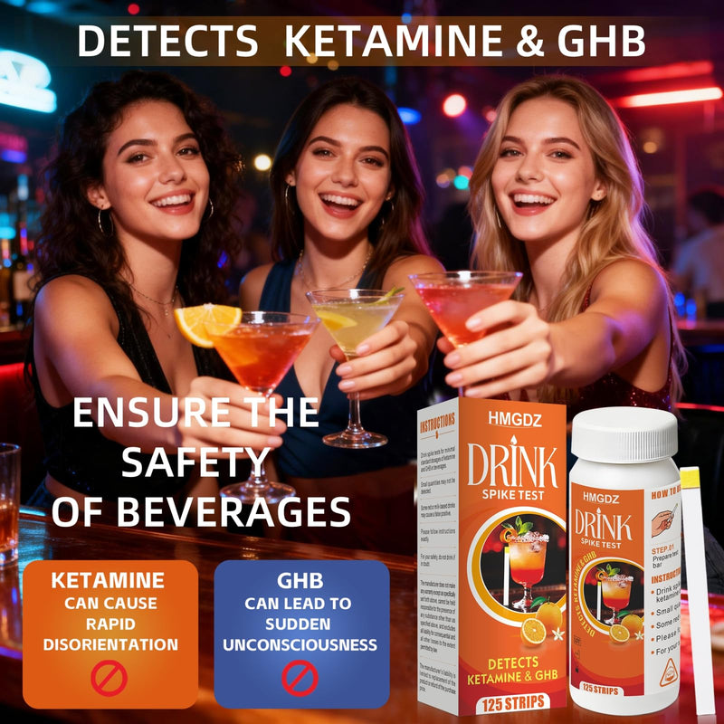 Spiked Drink Test Strips-125 Tests Alcohol Test Strips,10 Second-Side,Tests for GHB and Ketamine in the Beverage, Beer, Cocktail, Juice, Wine, Juice etc.Beverage Safety