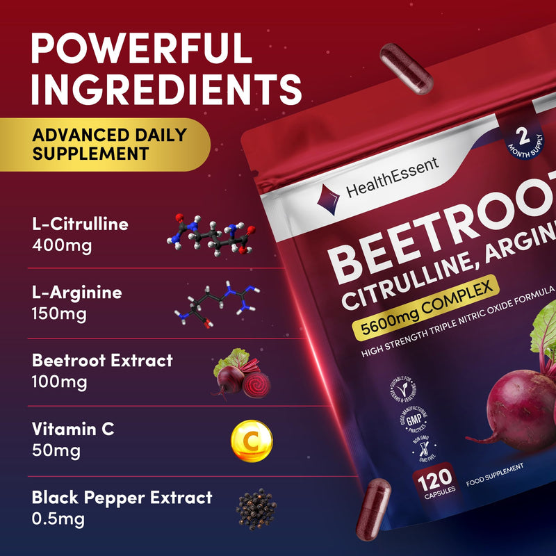 HealthEssent Beetroot Capsules 5600mg High Strength Nitric Oxide Booster | Triple Complex with 5000mg Beetroot, 400mg L-Citrulline, 150mg L-Arginine, Vitamin C & Black Pepper | 120 Vegan Capsules