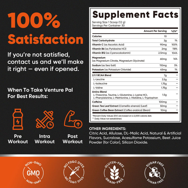 Venture Pal Sugar Free 7g BCAA + EAA Powder | Supports Muscle Recovery, Growth, Strength & Endurance – 9 Essential Amino Acids with L-Glutamine, Caffeine, Vitamin & Electrolyte for Energy & Hydration 12.7 Ounce（Pack of 1) V1-Fruit Punch-1