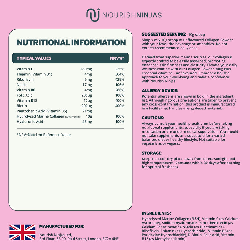 Collagen Powder Nutritional Supplements - 300g Hydrolyzed Collagen Marine Collagen with Hyaluronic Acid, Vitamin C, Biotin – Highly Concentrated Collagen 10000mg