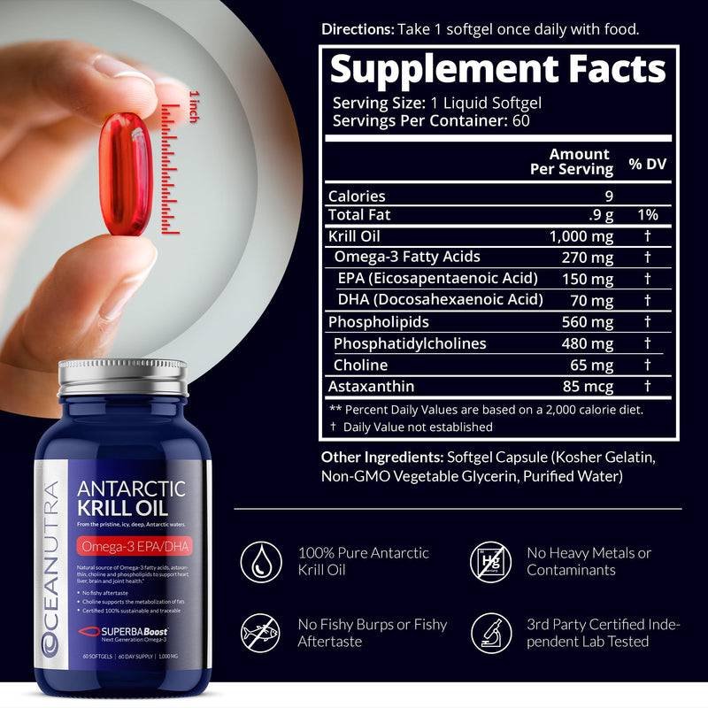 [Australia] - 100% Pure Krill Oil 1000MG 60-Day Supply Double Strength 56% Phospholipids Astaxanthin Sustainable Antarctic SuperbaBoost Omega 3 EPA DHA Heart Brain Joints Skin Care, Third-Party Tested, No Fish Oil 