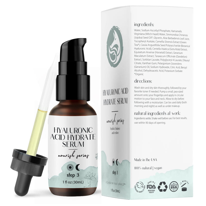 Hyaluronic Acid Face Serum - Hydrating Anti Wrinkle Anti Aging Facial Serum - With Vitamin C and E, Green Tea, Jojoba Oil - Natural and Organic - 1 Oz by Foxbrim Naturals Hyaluronic Acid Serum