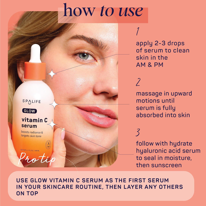 SpaLife Glow Vitamin C Serum for Face | Korean Brightening Face Serum for Dark Spots & Uneven Tone | Illuminating Skin Treatment | Lightweight Radiance Boosting Formula | 3.7 Fl. Oz GLOW Serum