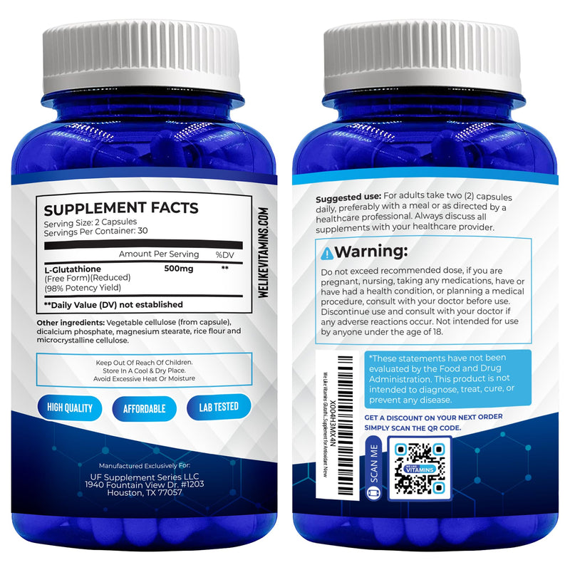 NSF Certified Glutathione Supplement 500mg - 60 Reduced L Glutathione Caps | L-Glutathione Supplement For Antioxidant & Immune Support - 500mg Per Serving - 30 Day Supply, 2 Capsules A Day 60 Count (Pack of 1)