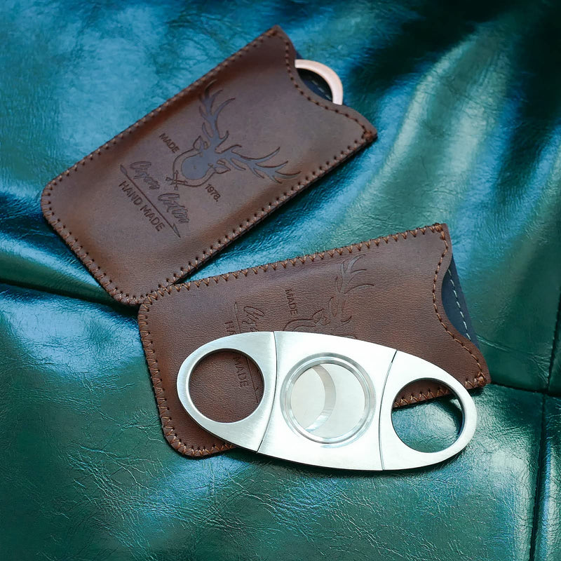 [Australia] - Stainless Steel Cigar Cutter with Leather Case,Double Blade for a Precise Perfect Cut(Brown deer) Brown Deer 