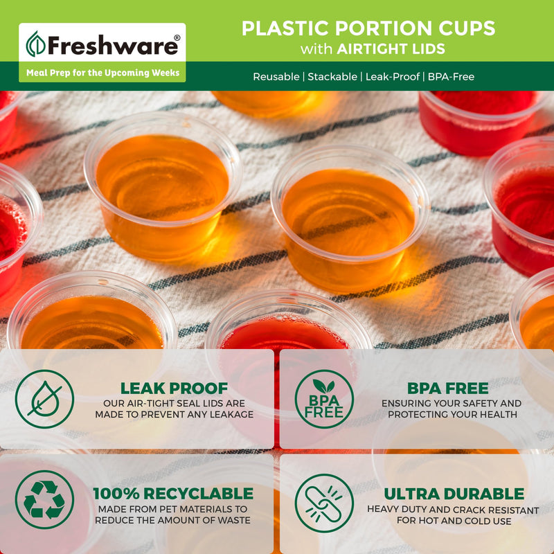 [Australia] - Freshware Plastic Portion Cups with Lids [2 Ounce, 100 Sets] Disposable Plastic Cups for Meal Prep, Salad Dressing, Jellos Shot Cups, Souffle Cups, Condiment and Dipping Sauce Cups 2 oz - 100 sets 