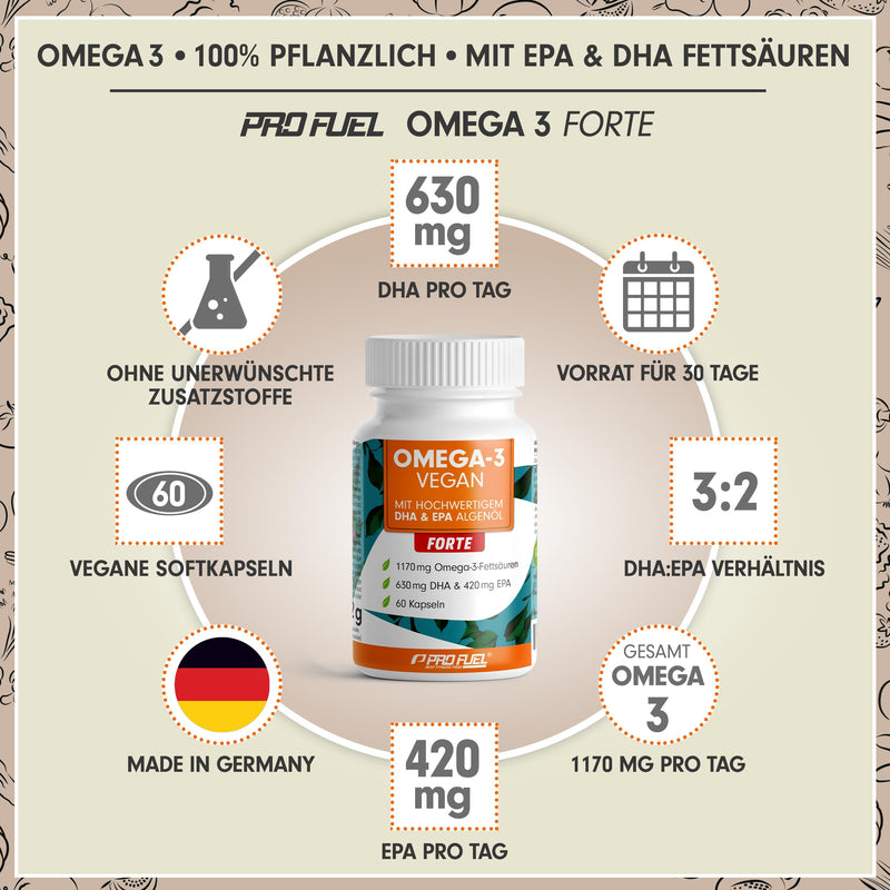 [Australia] - Omega-3 vegan FORTE - 60 capsules - 2000 mg algae oil per day - high dose with 630 mg DHA + 420 mg EPA - vegan Omega-3 algae oil capsules - DHA:EPA ratio 3:2 - laboratory tested with analysis certificate 60 pieces (pack of 1) 