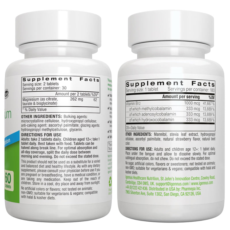 Triple Magnesium Complex + Super B12-Complex Energy Bundle, High Absorption Chelated Glycinate, Taurate & Citrate Magnesium + High Absorption Sublingual B12, Vegan, by Igennus