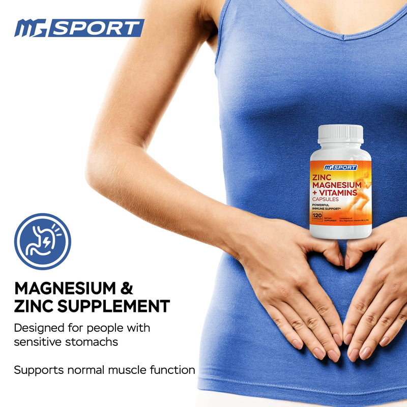 Magnesium Supplement MGSPORT with Zinc,Vitamins B6, B9, D, E - Immune Support, Muscle Recovery, EZ on Stomach - 120 Capsules