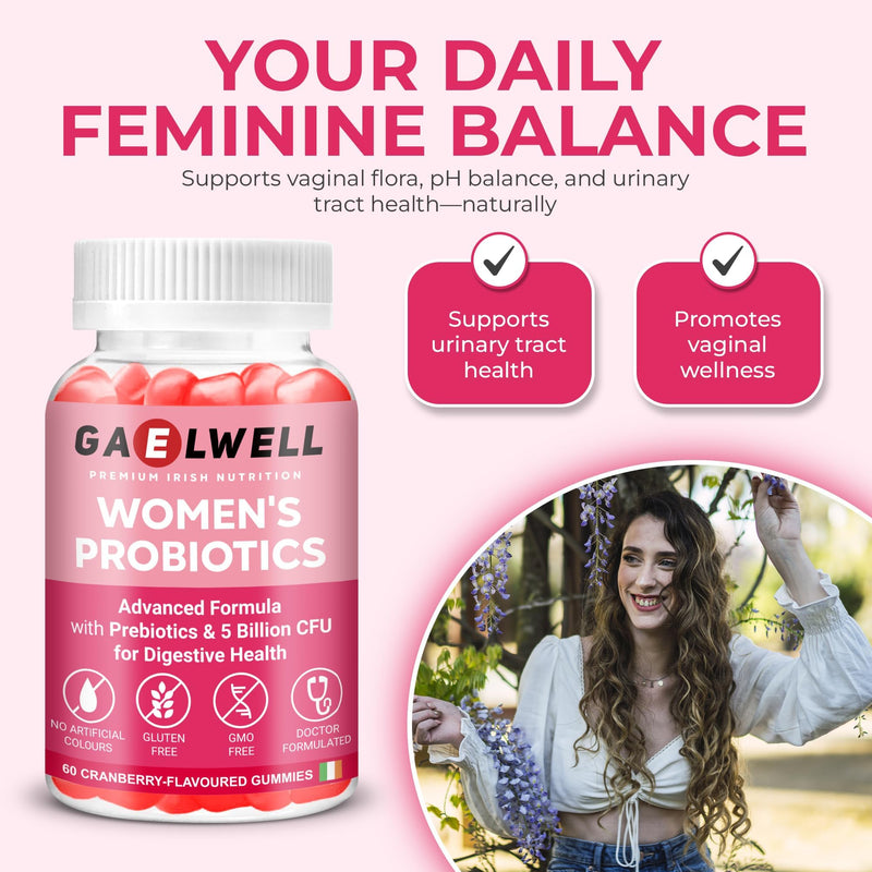 Women’s Probiotic Gummies | 5 Billion CFU, 6 Strains with Fibre | Daily Supplement for Women | Vegan, Gluten & Dairy Free | Cranberry Flavour | 60 Gummies