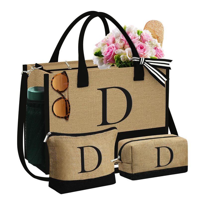 YOOLIFE 3 Pcs Initial Jute Tote Bag & 2 Pcs Initial Makeup Bag Personalized Gifts for Women Teen Girls