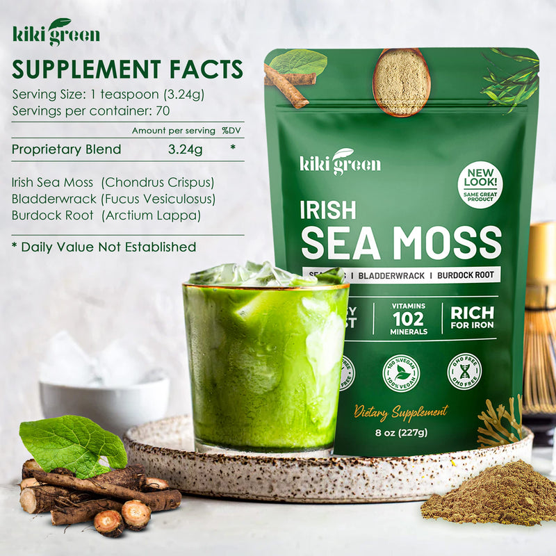 KIKI Green Sea Moss Powder Bundle - Immune Support Superfood Complex 8 oz, 6 oz - Raw Sea Moss, Burdock Root, Bladderwrack, Elderberry Extract - for Immunity Boost, Energy & Health Support