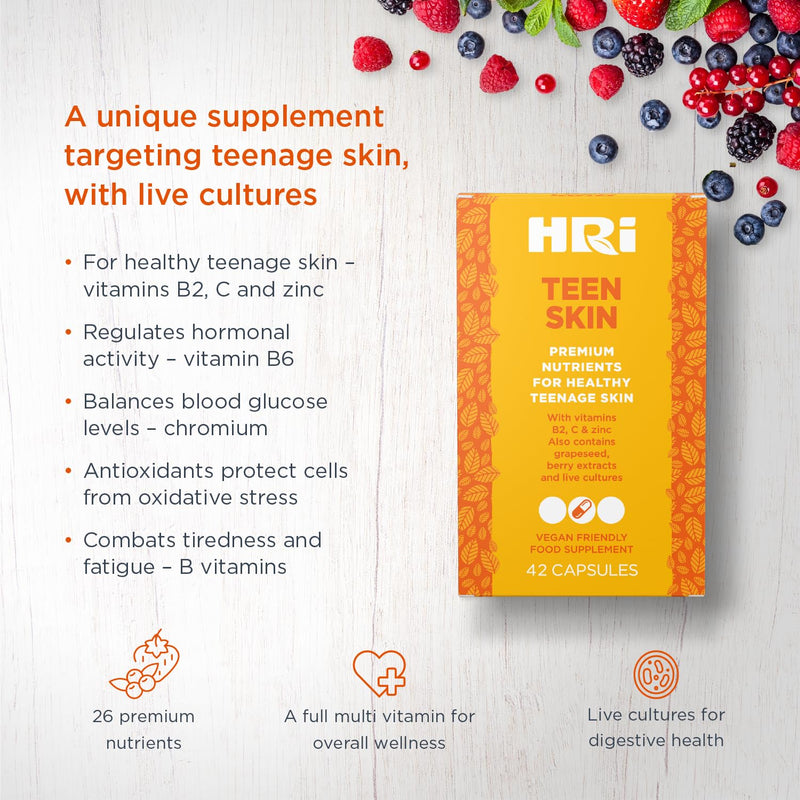 HRI Teen Skin Multivitamin Supplement - Multivitamins for Kids 12-18 Years - Aids Health and Well Being of Children. Healthy Immune System, Gut, Skin Care for Teenage Girls and Boys. 42 Vegan Capsules 42 count (Pack of 1)