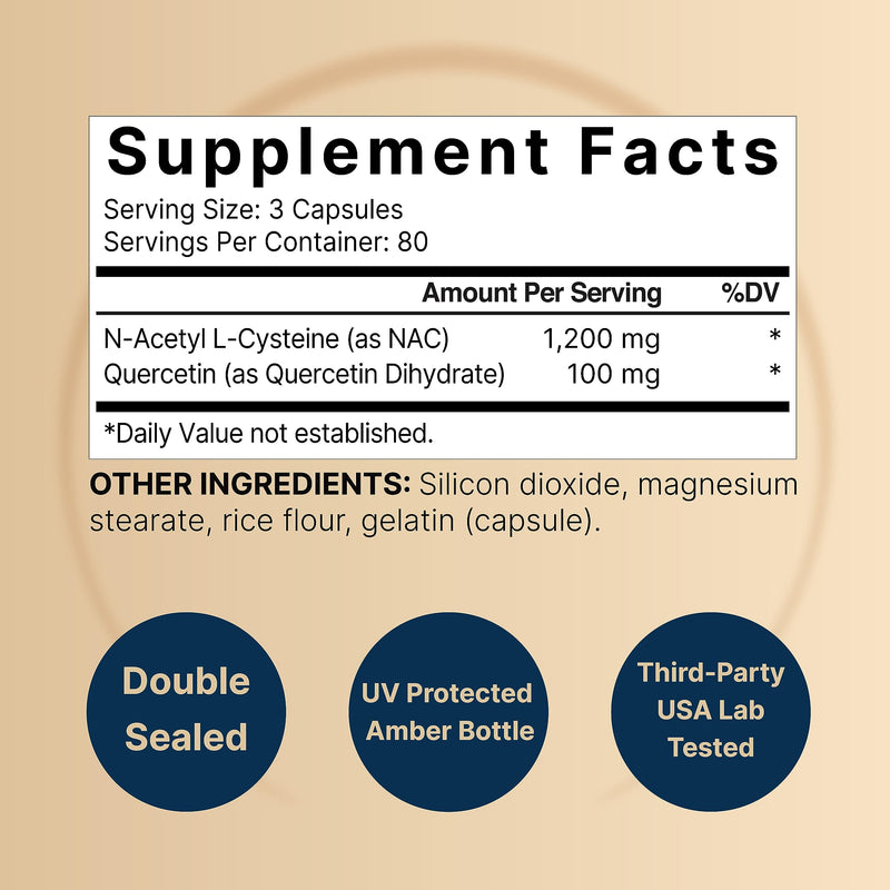[Australia] - NAC Supplement 1200mg Per Serving | 240 Capsules, N-Acetyl Cysteine with Quercetin | Double Strength - Support for Immune, Liver, & Lung Health 240 Count (Pack of 1) 
