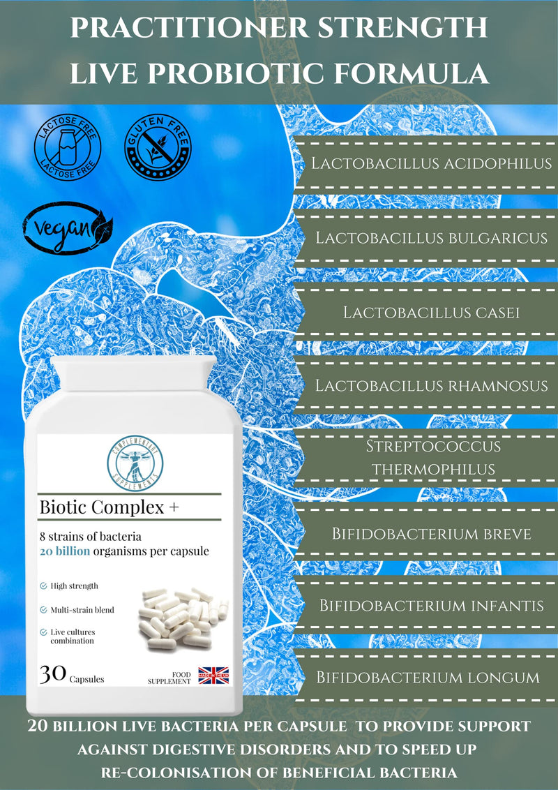 BIOTIC Complex+ 20 Billion CFU Probiotic – 8 Strain Practitioner Strength Gut Support – Acid & Bile Resistant – Vegan Capsules – 30 Count