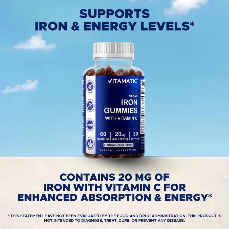 Vitamatic Vegan Iron 20 mg with VIT. C, 60 Natural Grape Flavor Gummies | Supports Healthy RBC Production and Oxygen Transport*, Immune Health Support*, Plant Based, Gluten Free, Non-GMO, Made in USA 60 Count (Pack of 1)