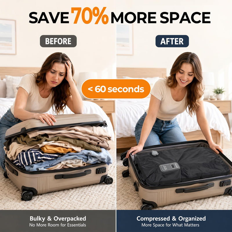 Vacuum Seal Bags for Travel with Bag-Pump Integrated Design, 28L Compression Packing Cubes for Carry-On Suitcase & Travel Backpack, Reusable IP67 Waterproof Vacuum Storage Kit, Gift Set Black 28L